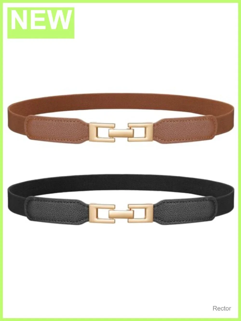 2 Pack Women's Elastic Skinny Stretch Belts with Gold Buckle Faux Leather
